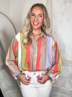 Load image into Gallery viewer, True Feelings Lime &amp; Mocha Striped L/S Blouse
