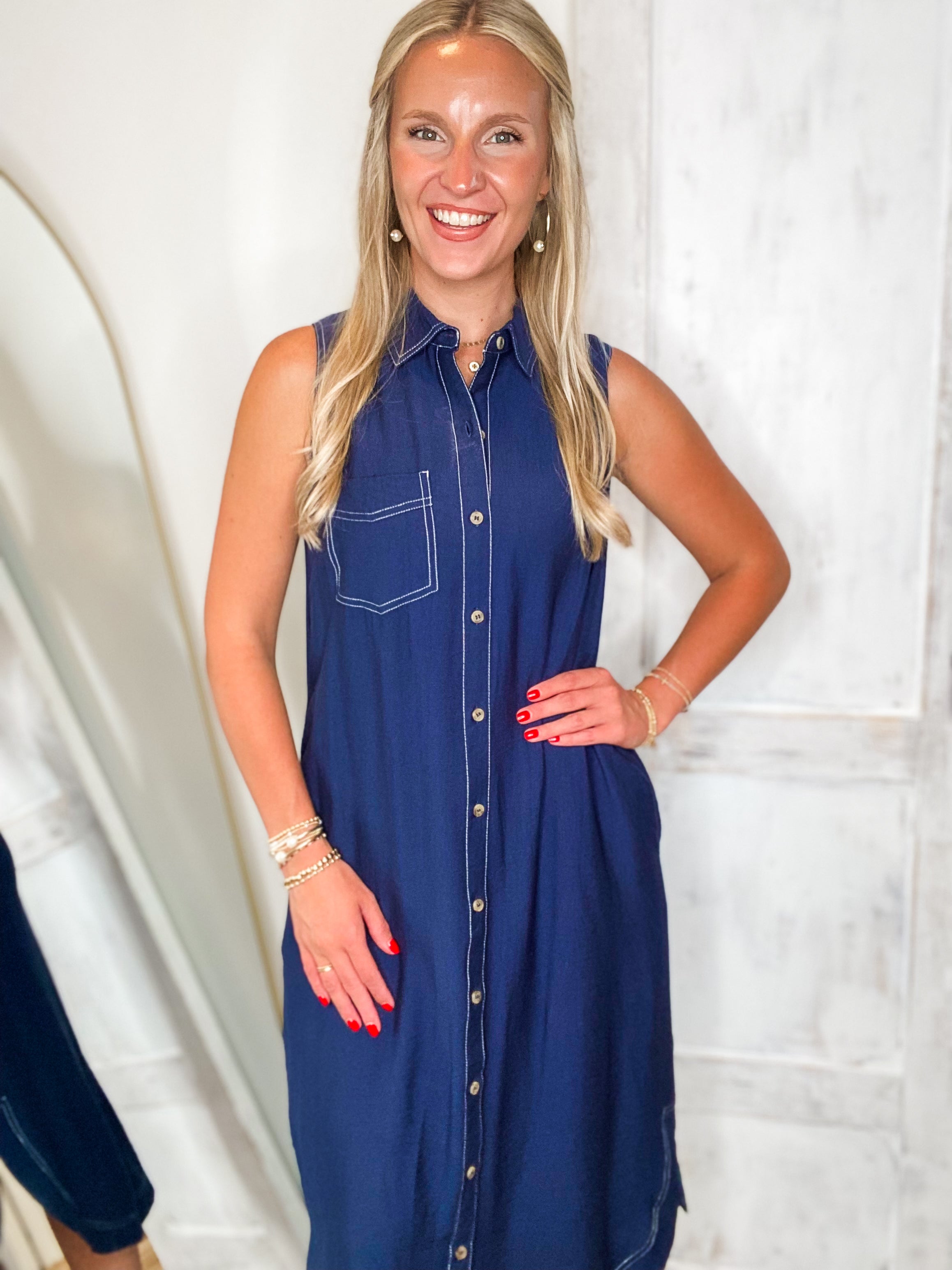 Left To Chance Navy Button Down Midi Dress