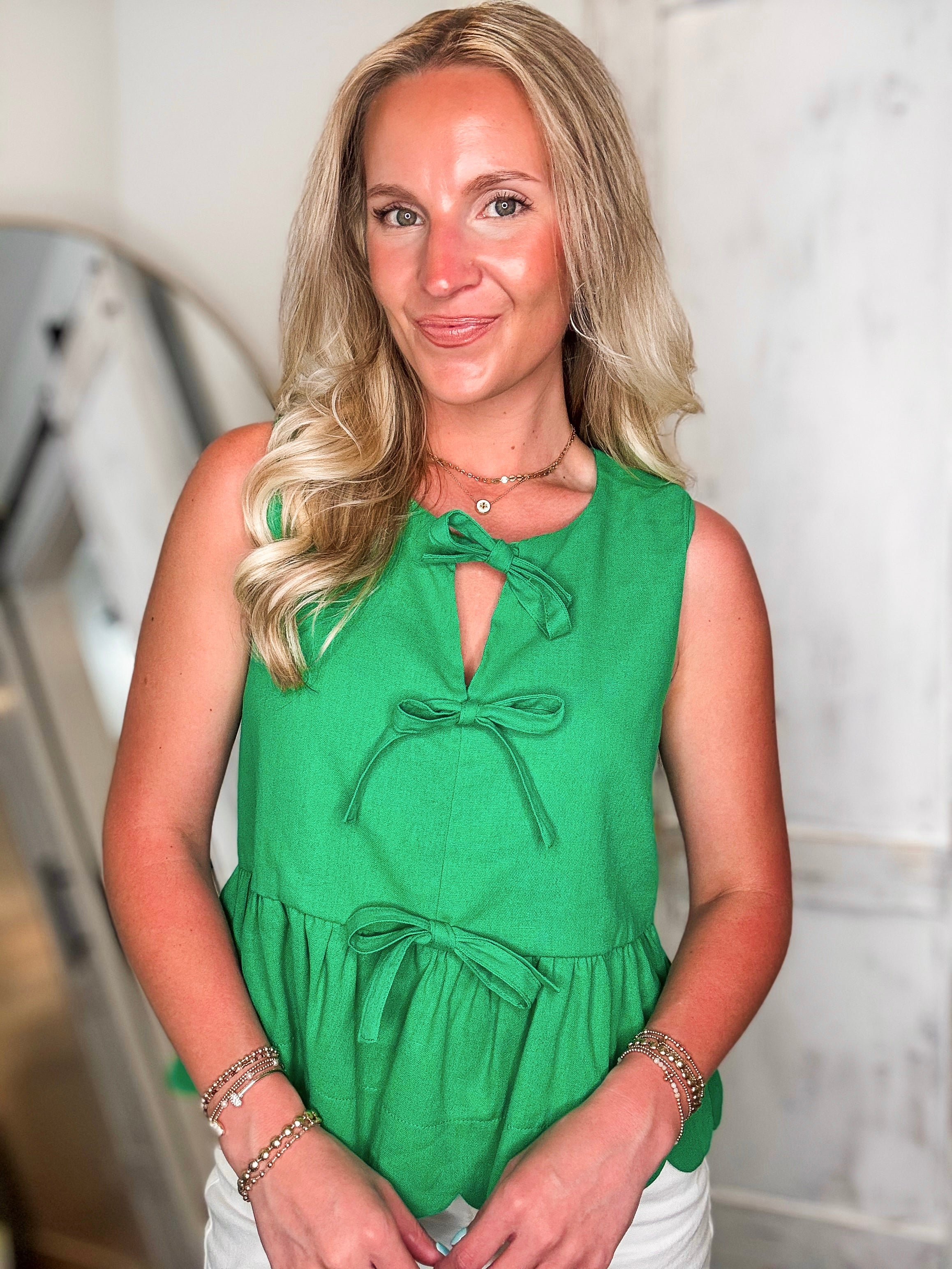 Complete Gratitude Kelly Green Linen Bow Tank