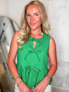 Complete Gratitude Kelly Green Linen Bow Tank