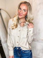 Load image into Gallery viewer, Working Girl Ivory Button Down Blouse
