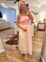 Load image into Gallery viewer, First Look Pink Polka Dot Strapless Midi Dress
