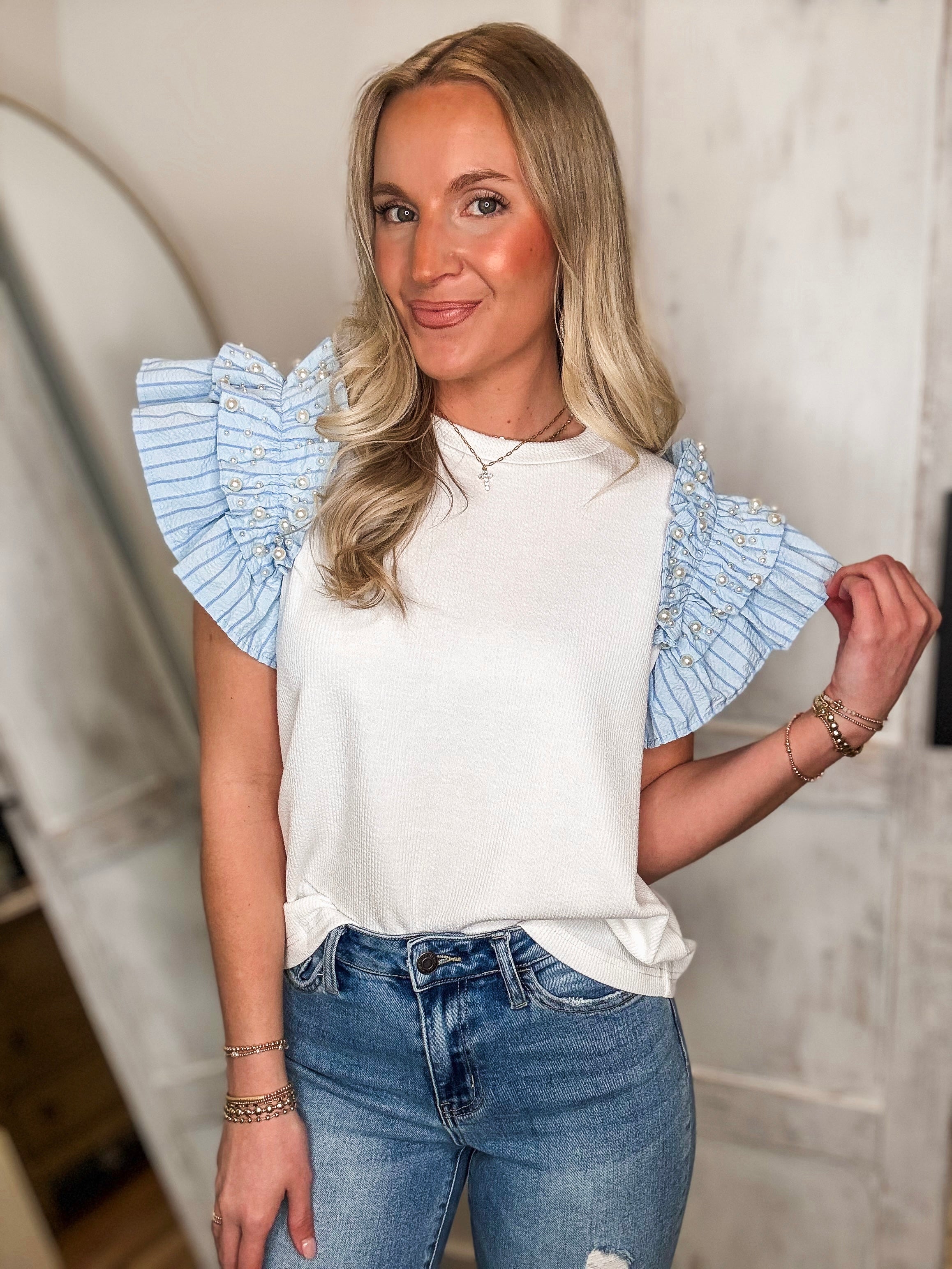 Take It Slow Pearl Studded Off White Blouse