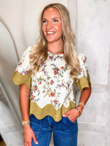 Joy In You Olive & Ivory Floral Blouse
