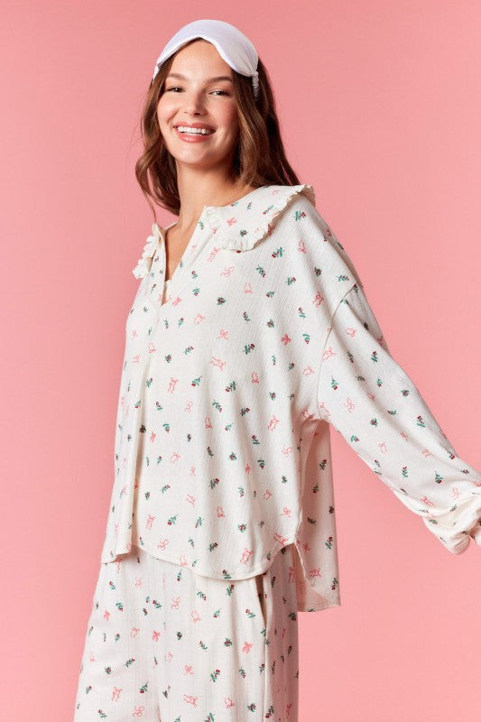 Christmas Pointelle Ribbed Ruffle L/S PJ Set