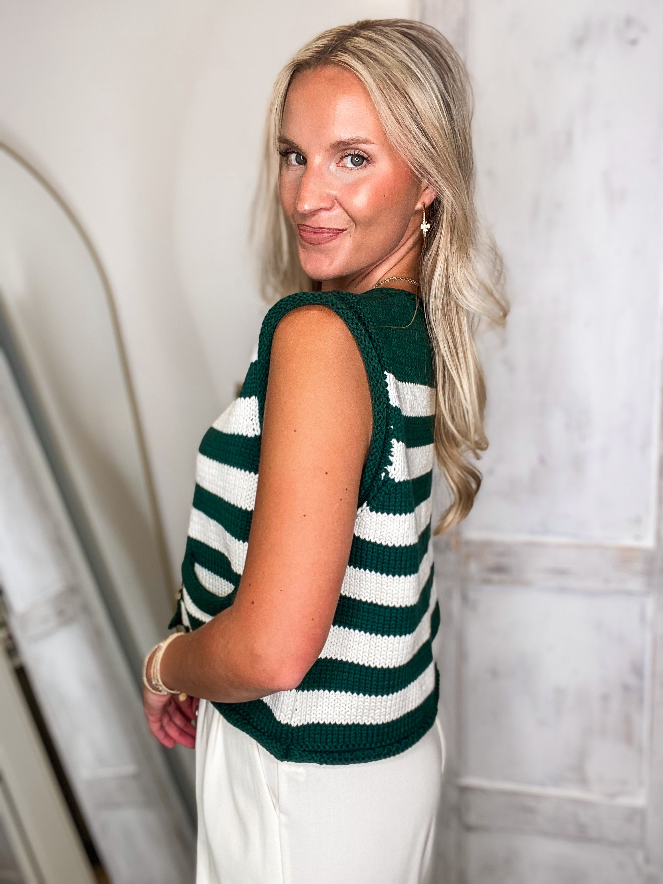 So Close Teal Stipe Sweater Vest Blouse