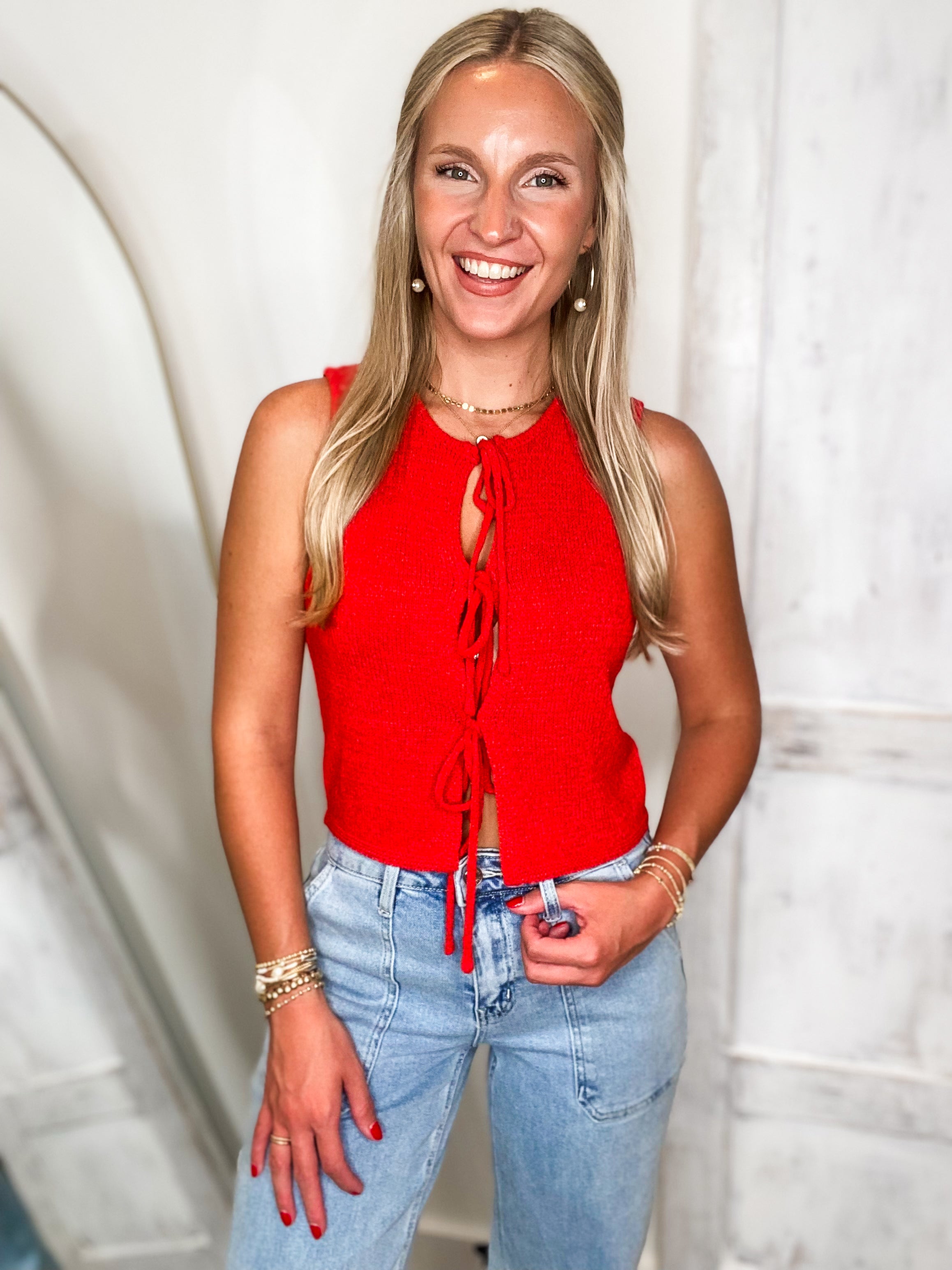 Back At It Red Front Tie Knit Vest Blouse