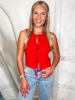 Load image into Gallery viewer, Back At It Red Front Tie Knit Vest Blouse
