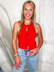 Back At It Red Front Tie Knit Vest Blouse