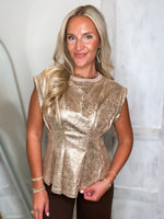 Load image into Gallery viewer, For Now Taupe Metallic Peplum S/S Blouse
