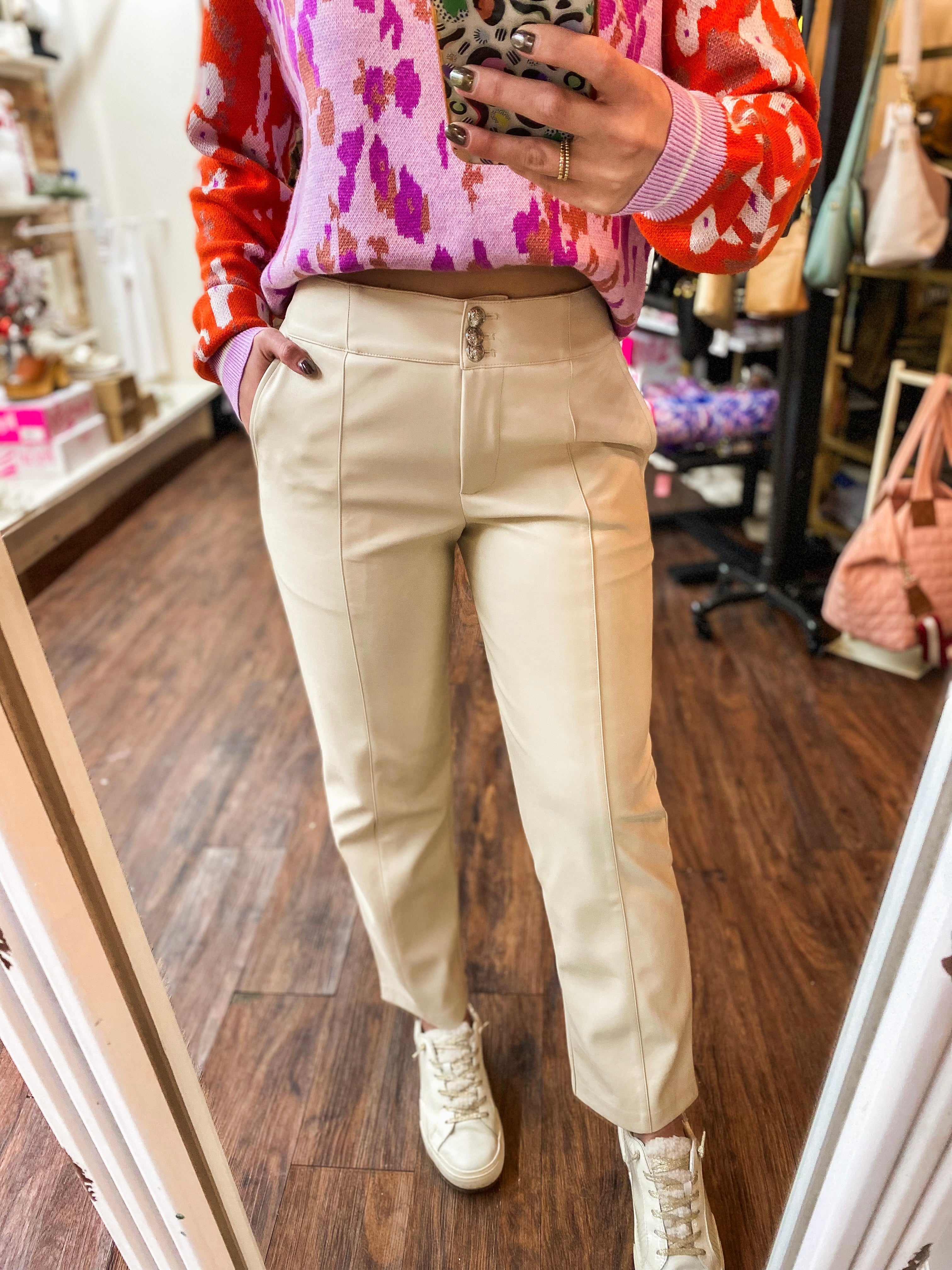 Out Of Town Ivory Faux Leather Cropped Pants