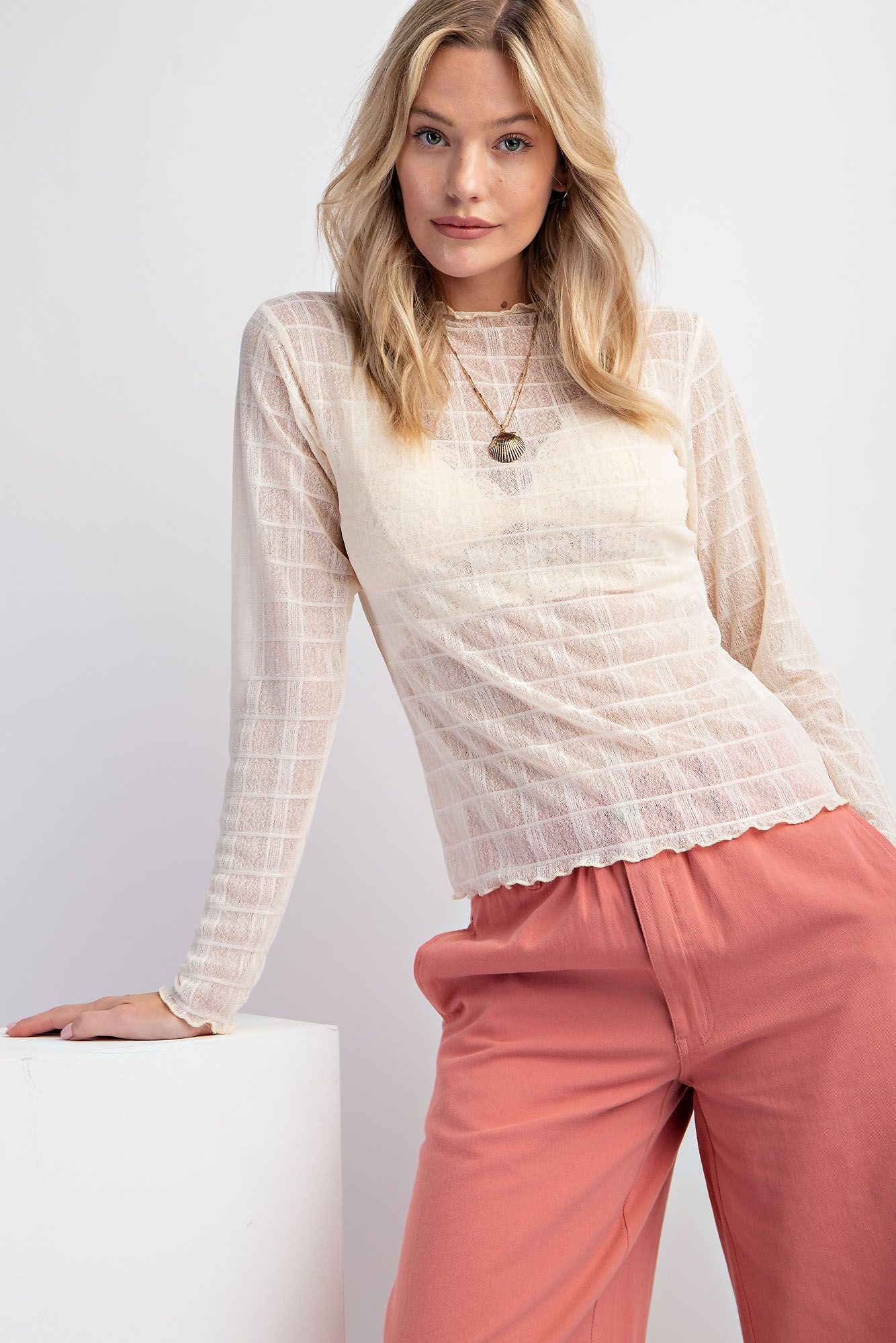 Meet You There Ivory Mesh L/S Top