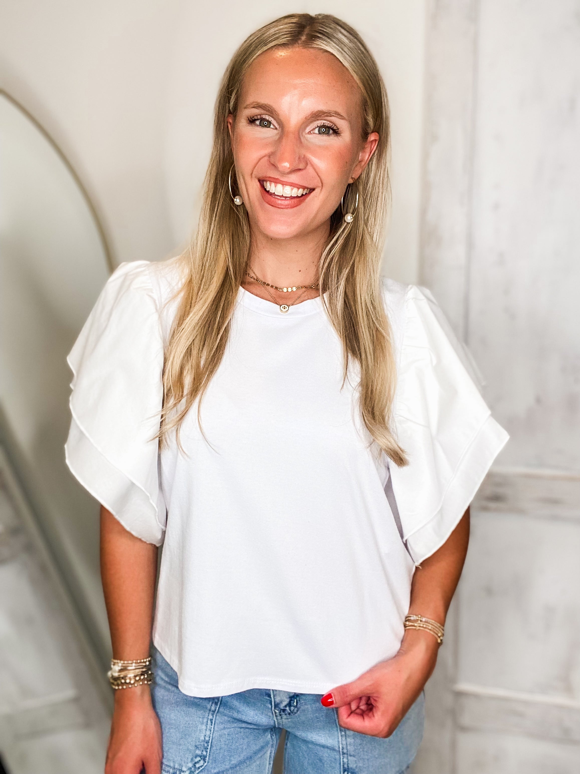 Iris White Ruffle Sleeve ADRIENNE Blouse