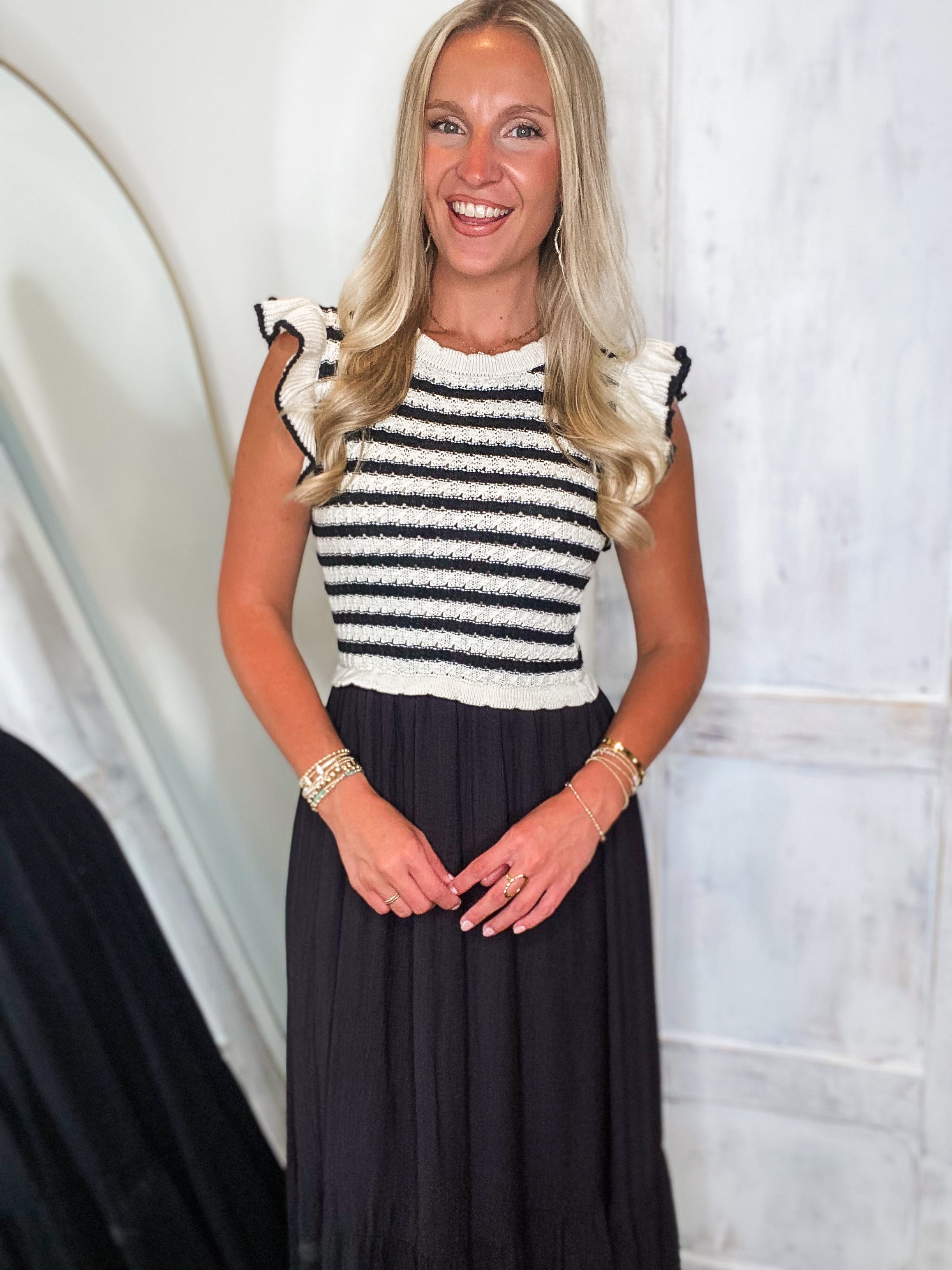 Trusting In You Ivory & Black Knit Midi Dress