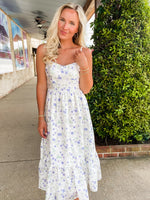 Load image into Gallery viewer, Spin Me Around White &amp; Blue Floral Midi Dress
