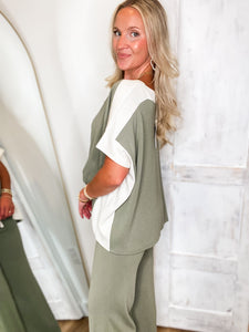 Destined To Be Olive & Cream S/S Blouse & Lounge Pant Set