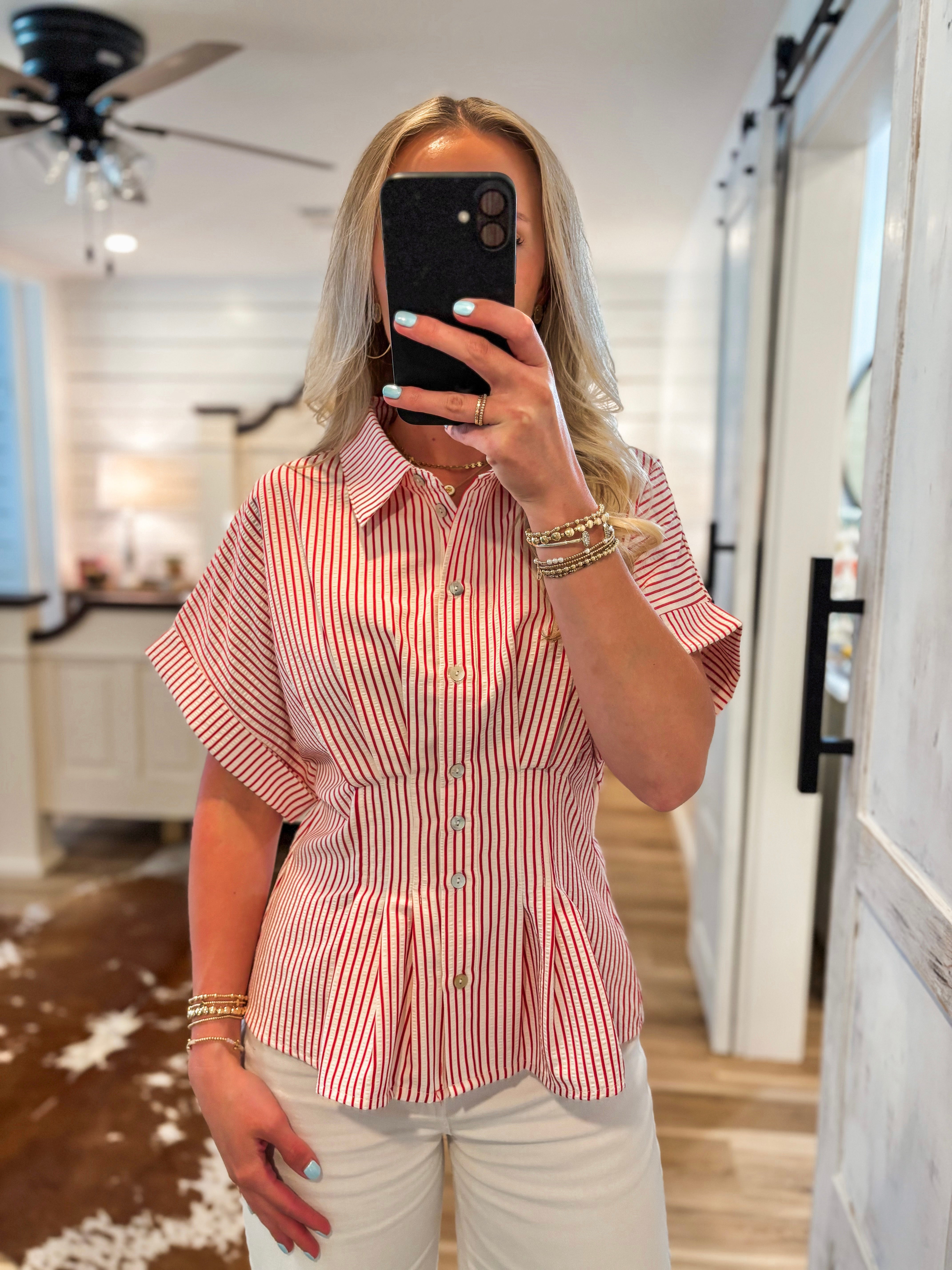 Here Now Red & White Pin Stripe Button Down Blouse