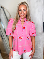 Load image into Gallery viewer, Bright Skies Embroidered Bubblegum Floral Blouse
