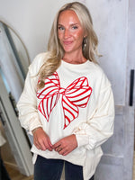 Load image into Gallery viewer, Candy Cane Lane Ivory Bow Pullover
