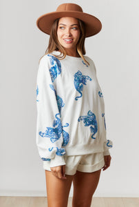 Let's Roar Blue Sequin Tiger White Sweatshirt