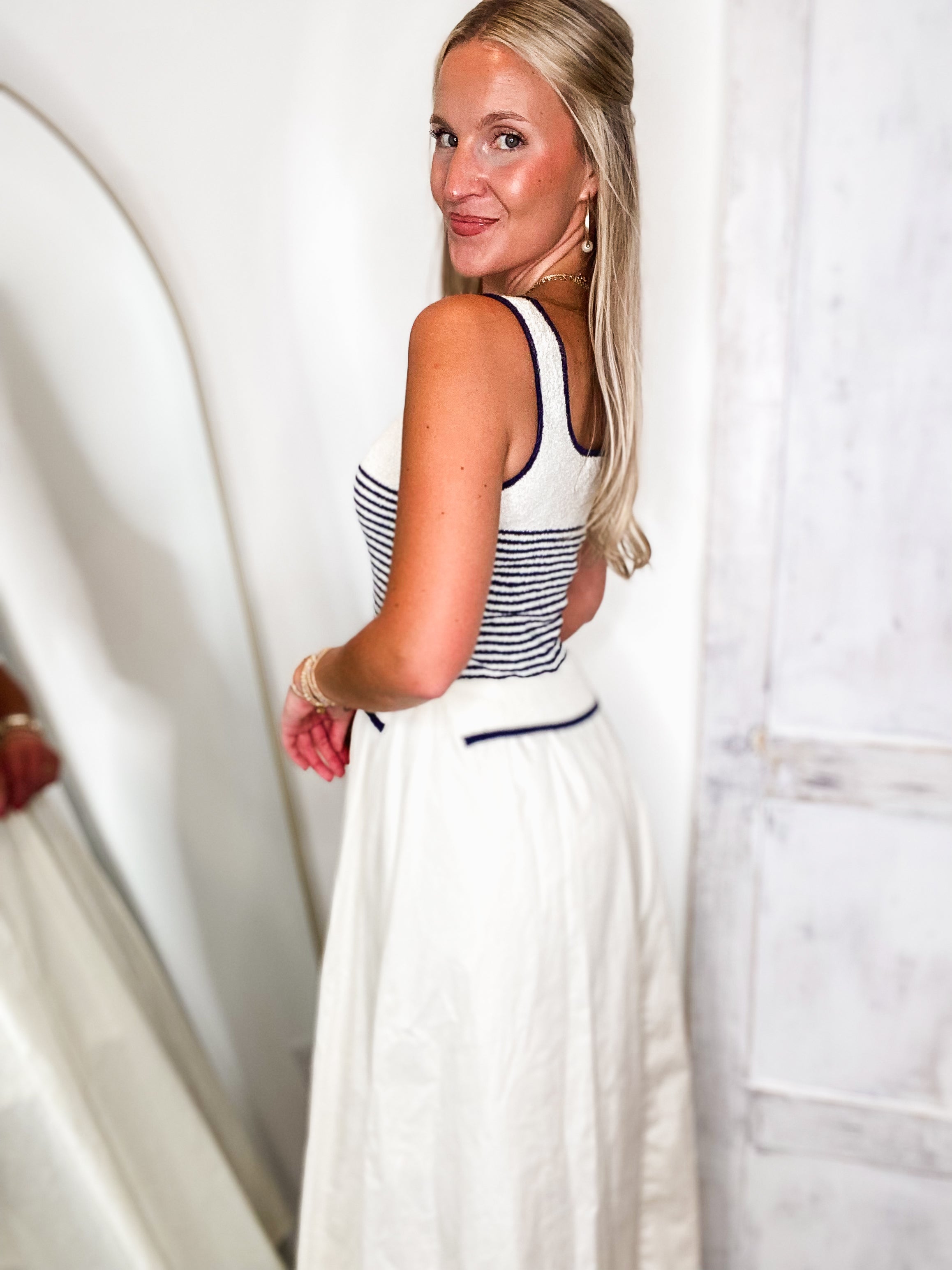 Up From Here Ivory & Navy Stripe Midi Dress