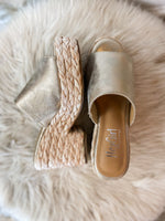 Load image into Gallery viewer, Solstice Gold Metallic Corkys Wedge Sandal
