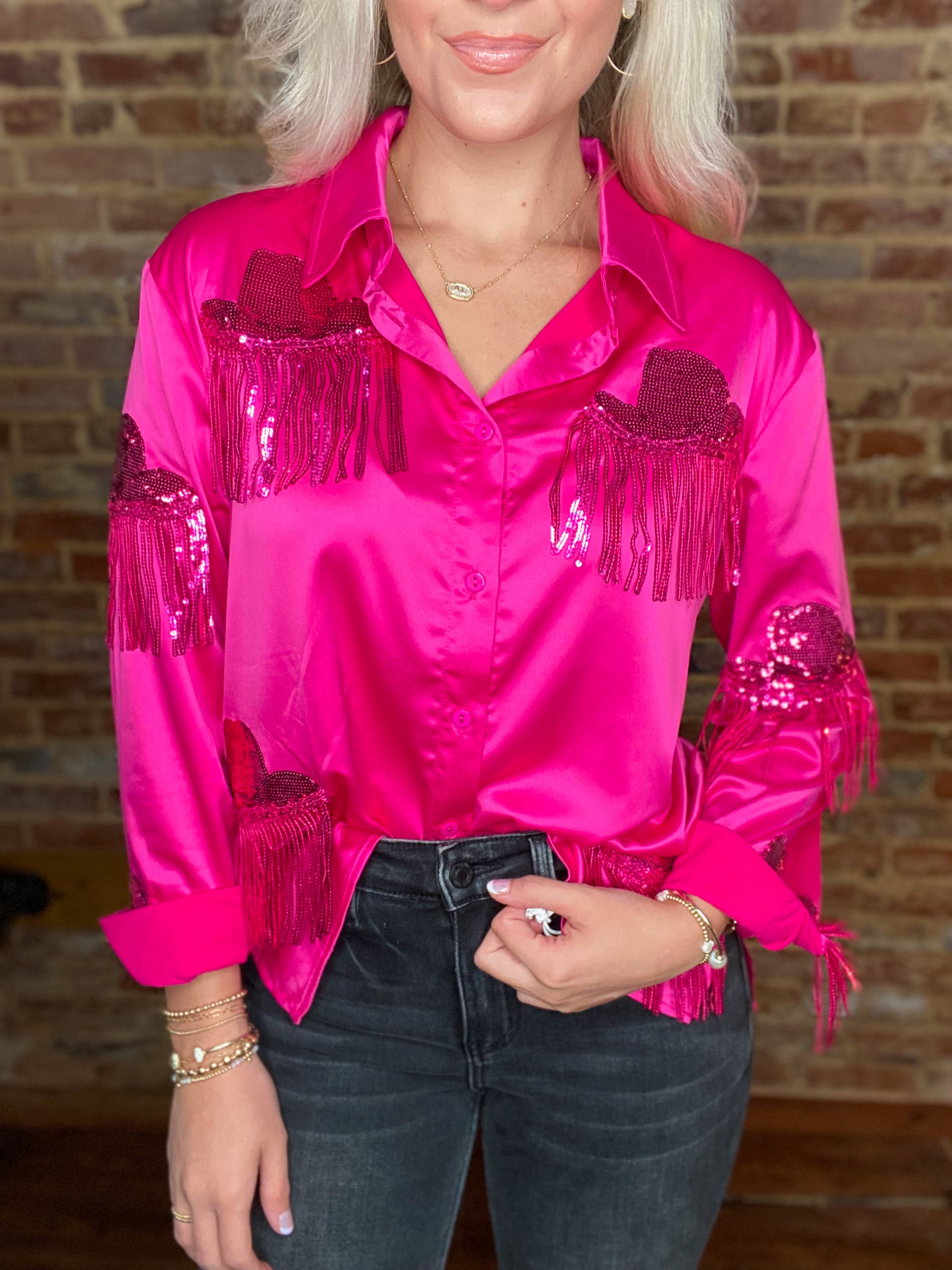 Nashville Night Sequin Cowboy Hat Fuchsia Pink Button Down Blouse