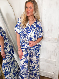 Secret Getaway Royal Blue Palm Blouse & Pant Set