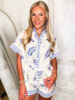Load image into Gallery viewer, Venturing Out Royal Blue Printed S/S Button Up &amp; Shorts Set
