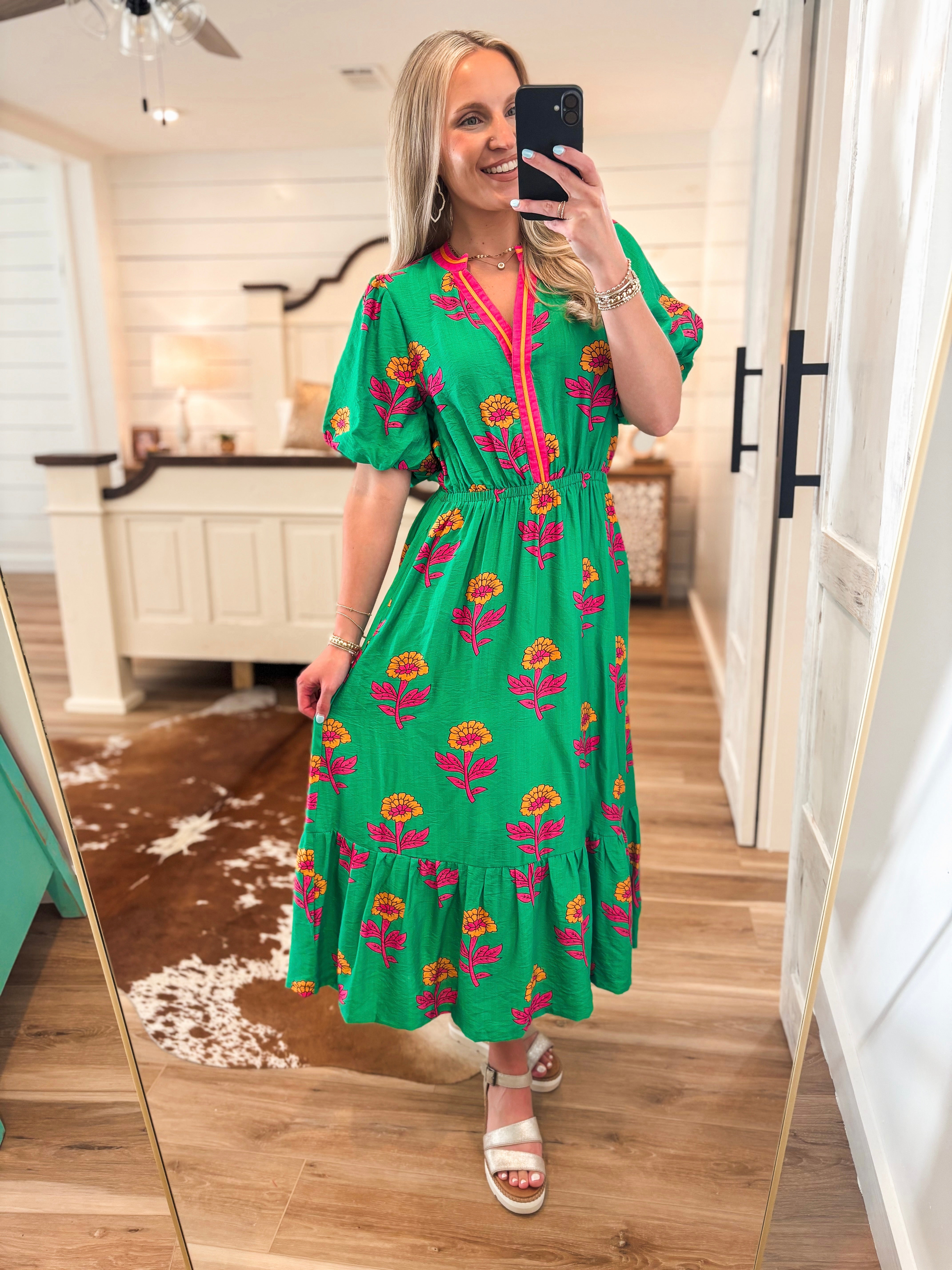 On The Rise Kelly Green Floral Midi Dress
