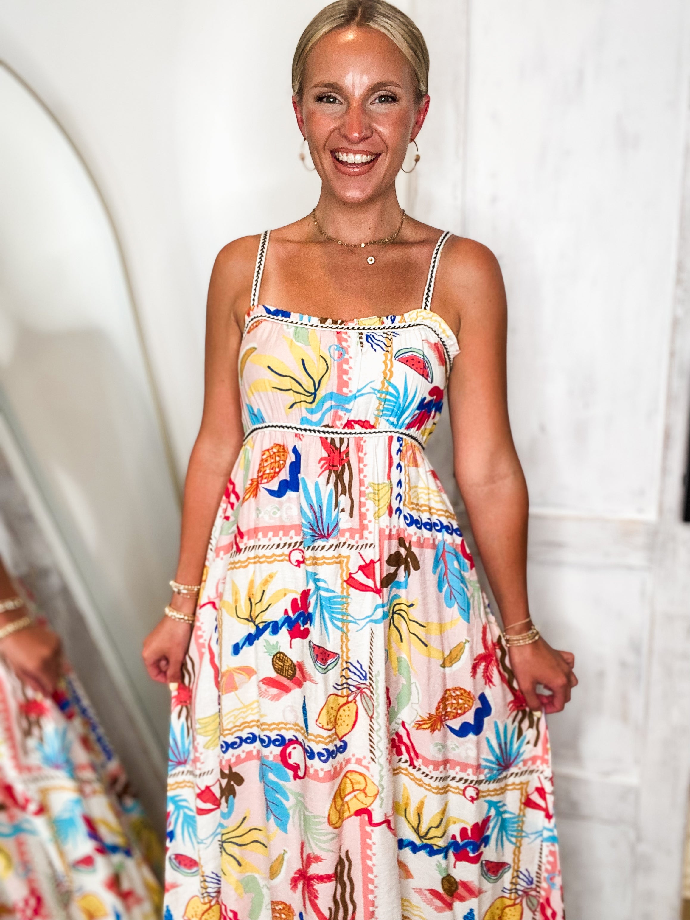 Salty Breeze Coral Tropical Printed Midi Dress