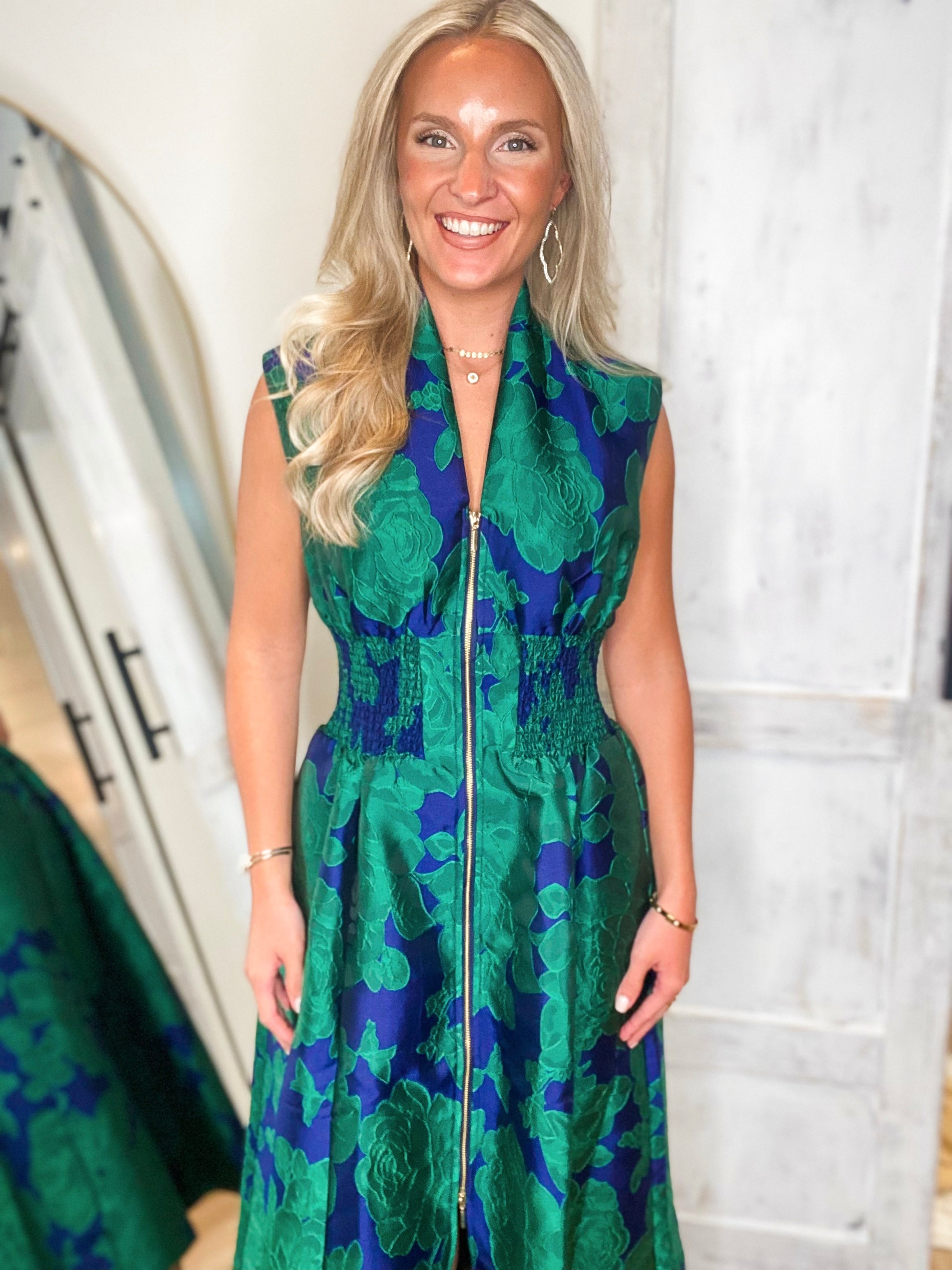 Classic Charm Royal Blue & Green Floral Front Zip Midi Dress