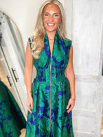Load image into Gallery viewer, Classic Charm Royal Blue &amp; Green Floral Front Zip Midi Dress
