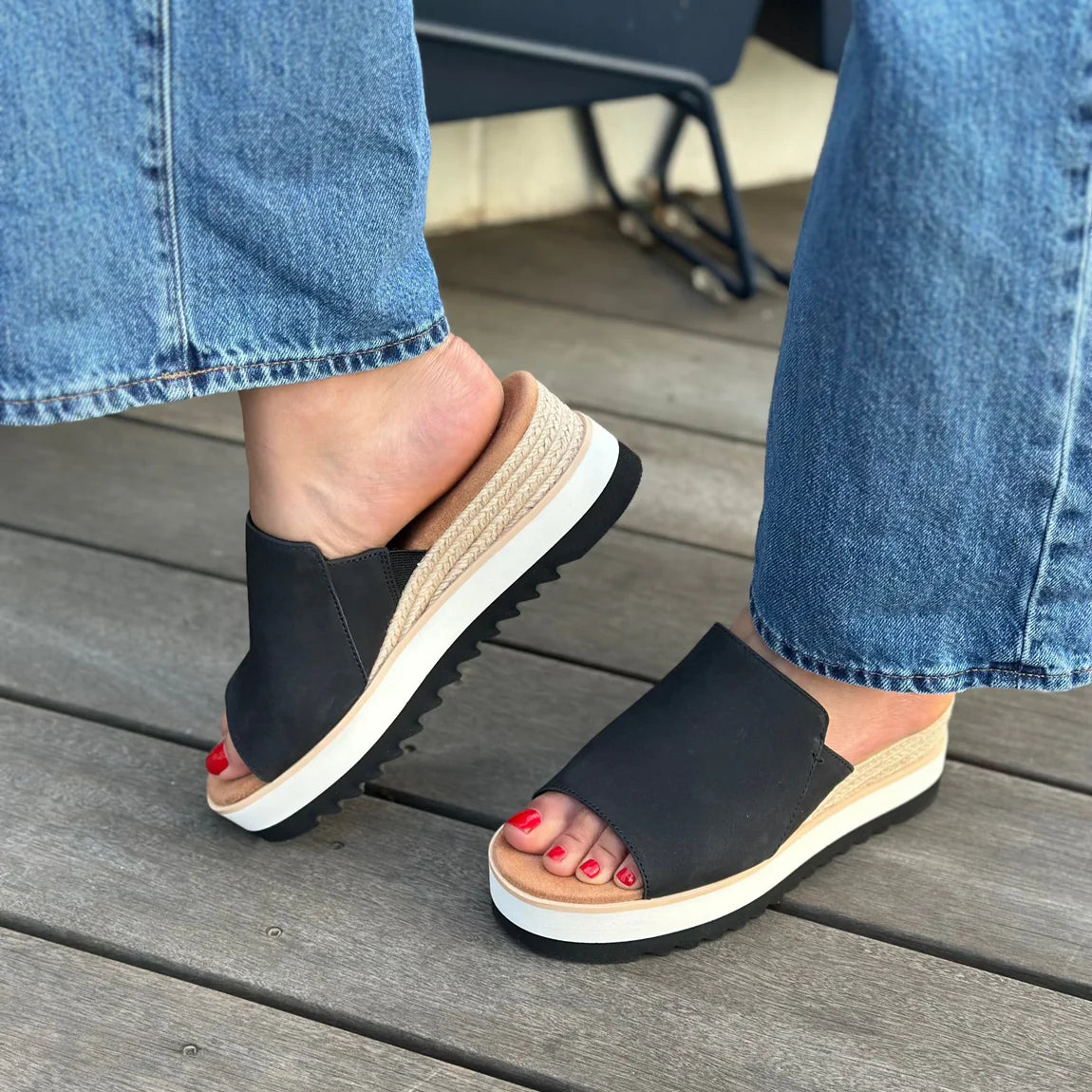 TOMS Diana Wedge Mule Sandal - Black Leather