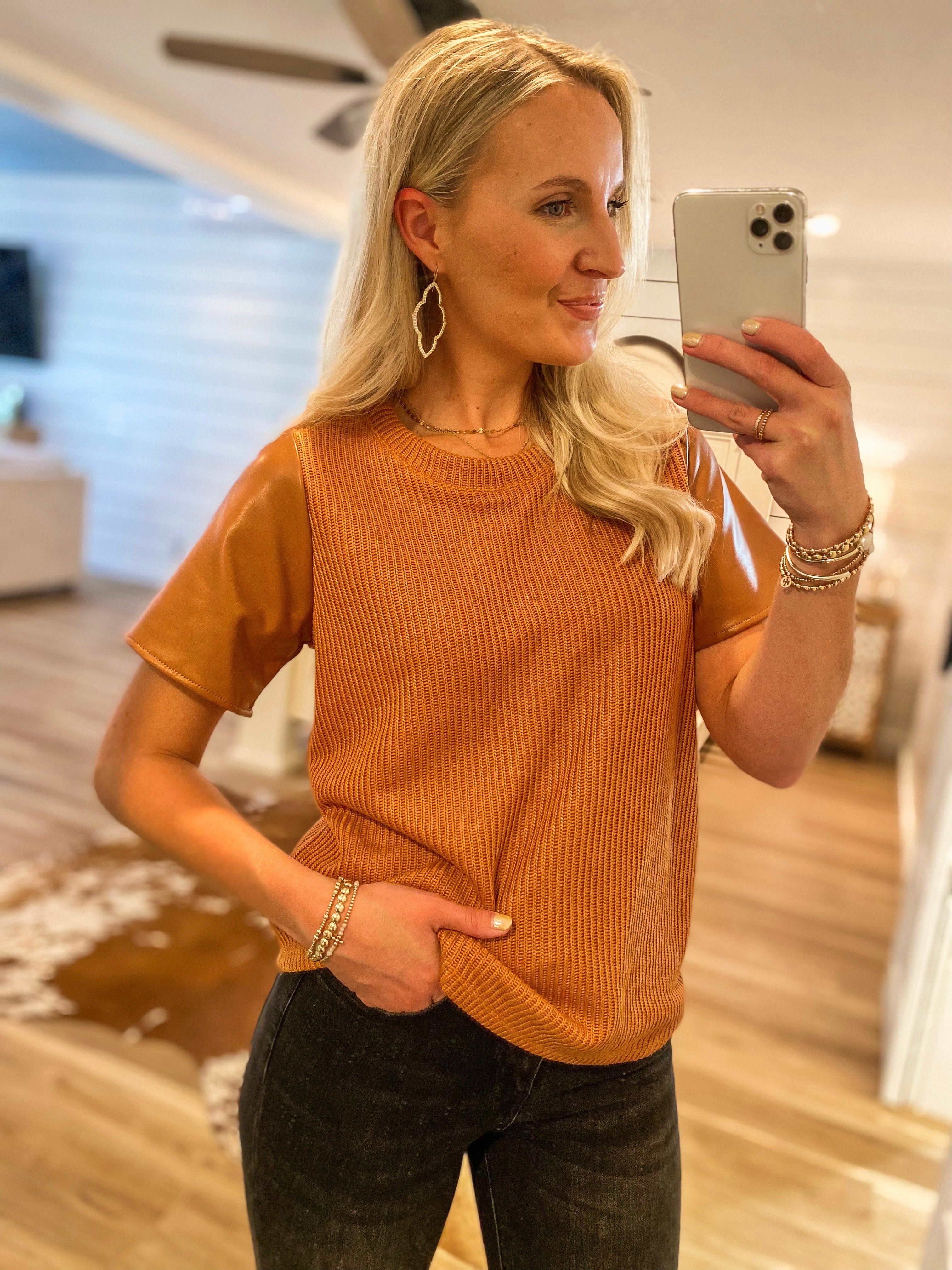 In It All Camel Faux Leather Knit Blouse