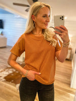 Load image into Gallery viewer, In It All Camel Faux Leather Knit Blouse
