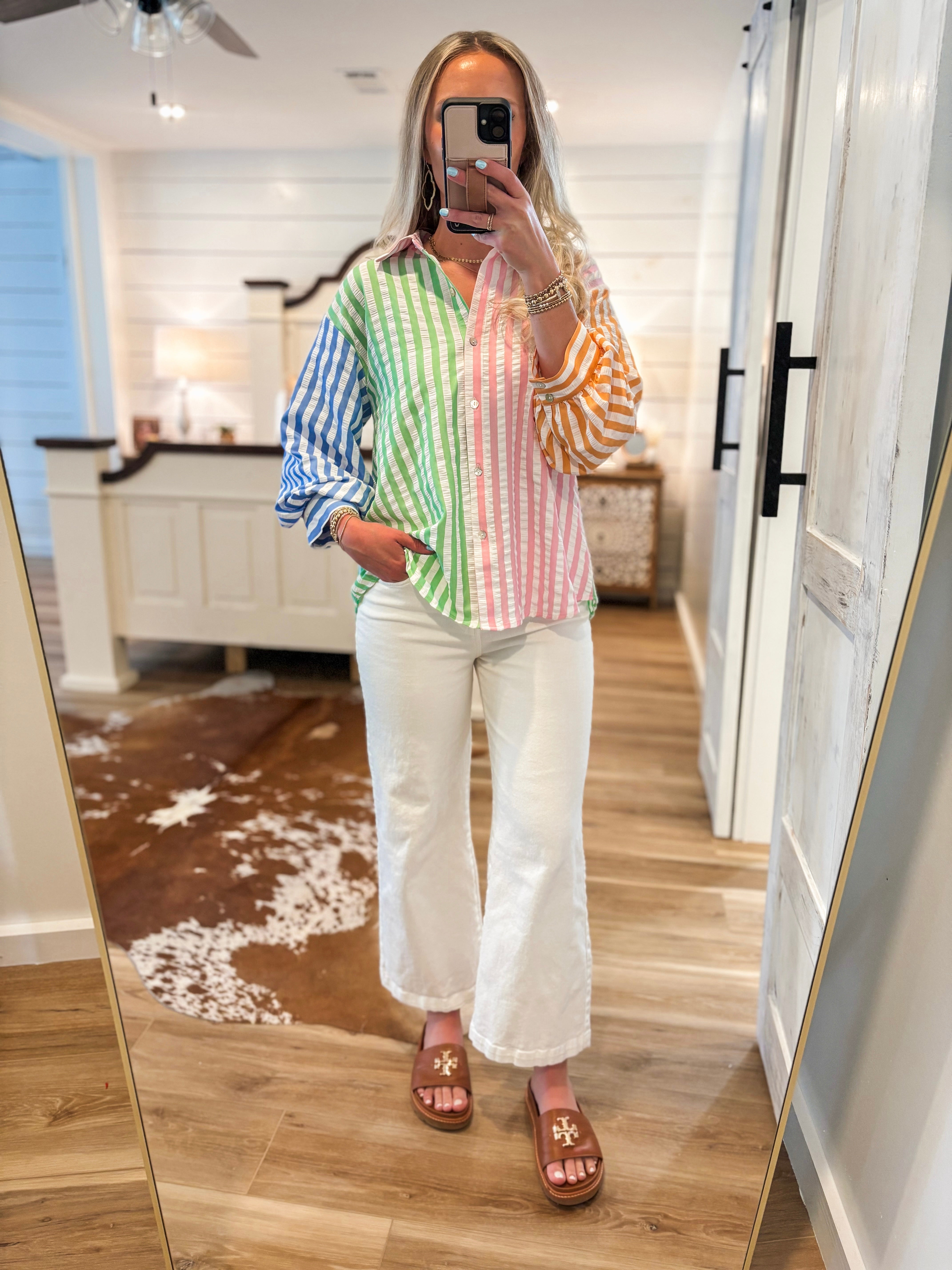 Want You To Know Stripe Color Block Button Down Blouse