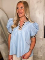 Load image into Gallery viewer, Giving My Best Powder Blue Leopard Contrast Blouse
