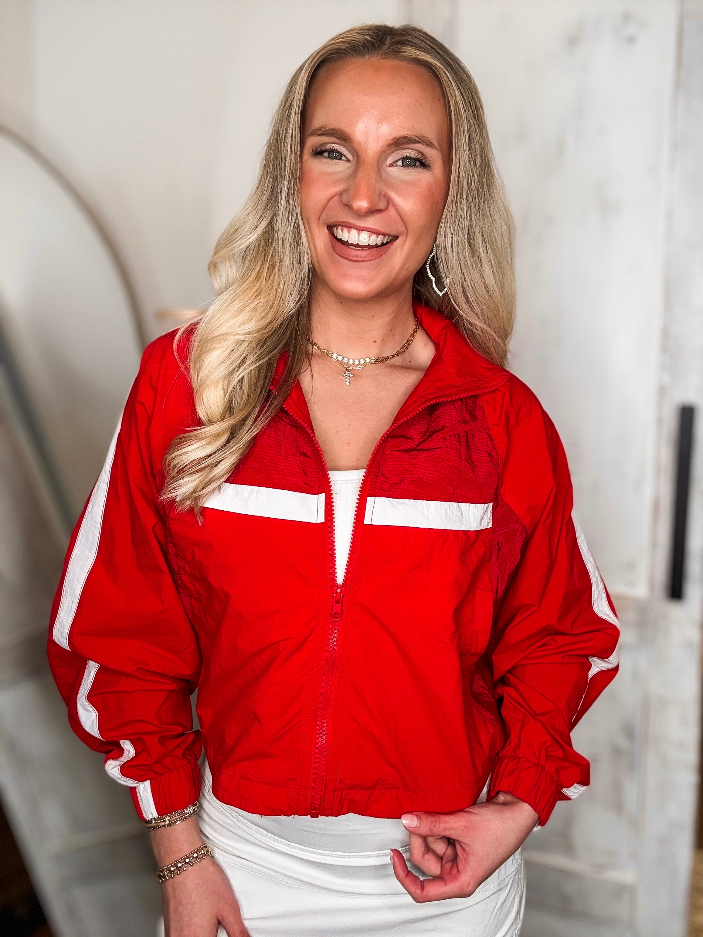 On The Go Red Cropped Windbreaker Zip Hoodie