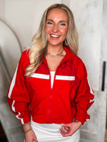Load image into Gallery viewer, On The Go Red Cropped Windbreaker Zip Hoodie
