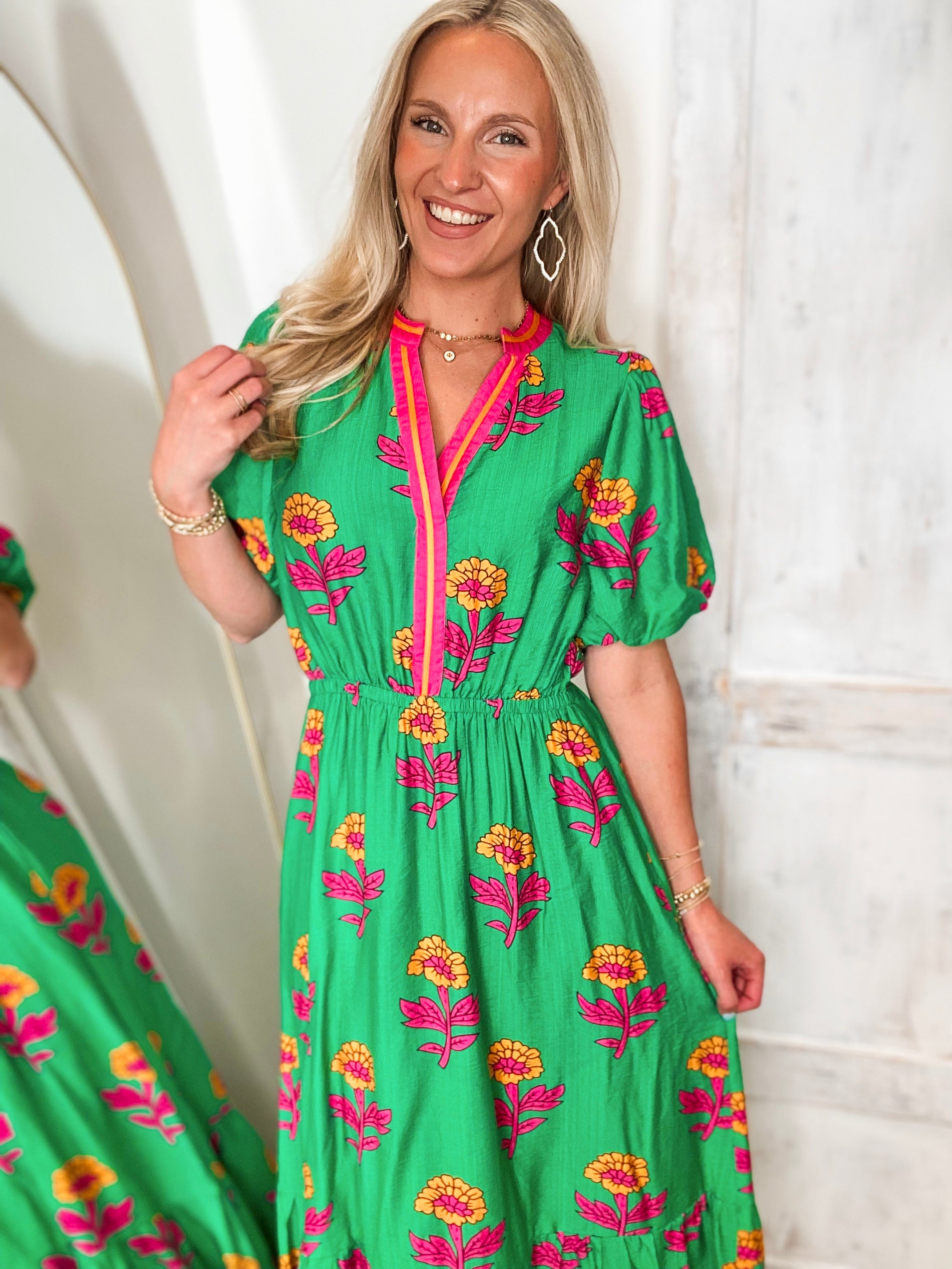 On The Rise Kelly Green Floral Midi Dress