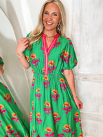 Load image into Gallery viewer, On The Rise Kelly Green Floral Midi Dress
