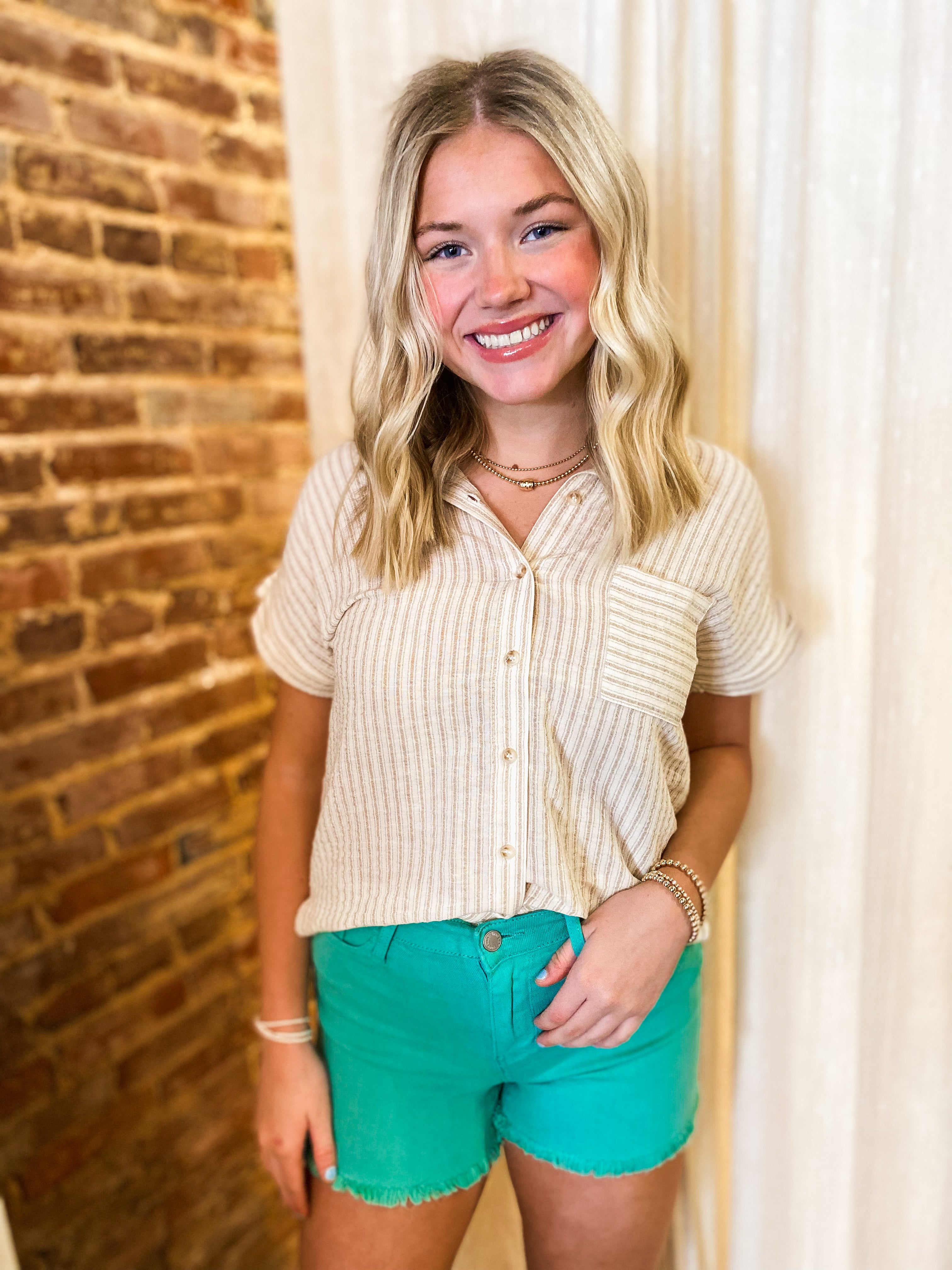 Weekly Essential Khaki Striped Button Down Blouse