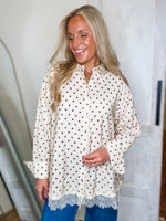Load image into Gallery viewer, Ivory/Brown Polka Dot Button Down Blouse
