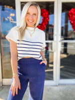 Load image into Gallery viewer, Never Better Navy &amp; White Striped Short Sleeve Sweater
