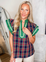Load image into Gallery viewer, Holiday Dream Navy Plaid Contrast Blouse
