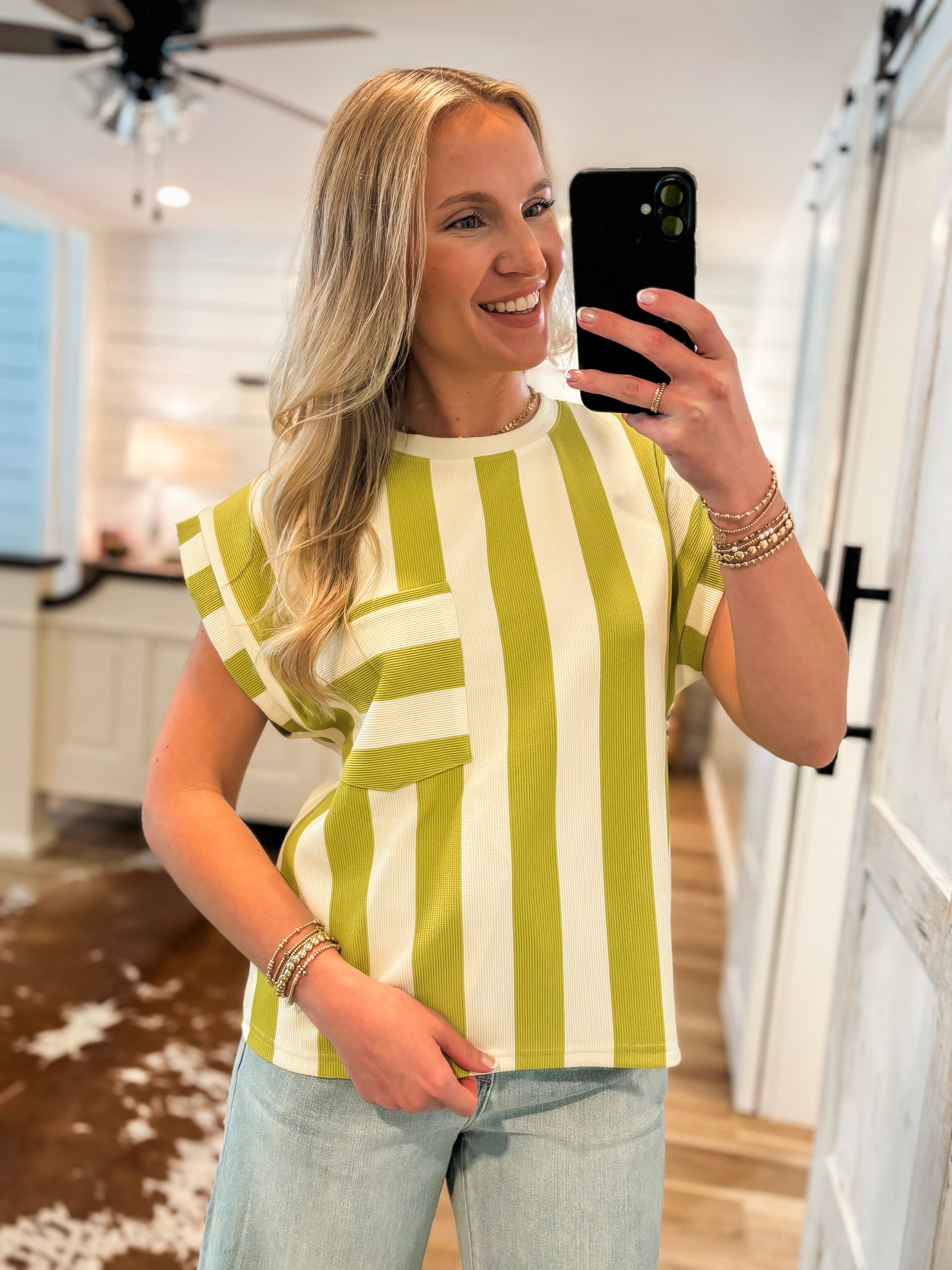 Hey There Lime Striped Pocket Blouse