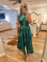 Load image into Gallery viewer, Classic Charm Royal Blue &amp; Green Floral Front Zip Midi Dress
