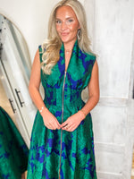 Load image into Gallery viewer, Classic Charm Royal Blue &amp; Green Floral Front Zip Midi Dress
