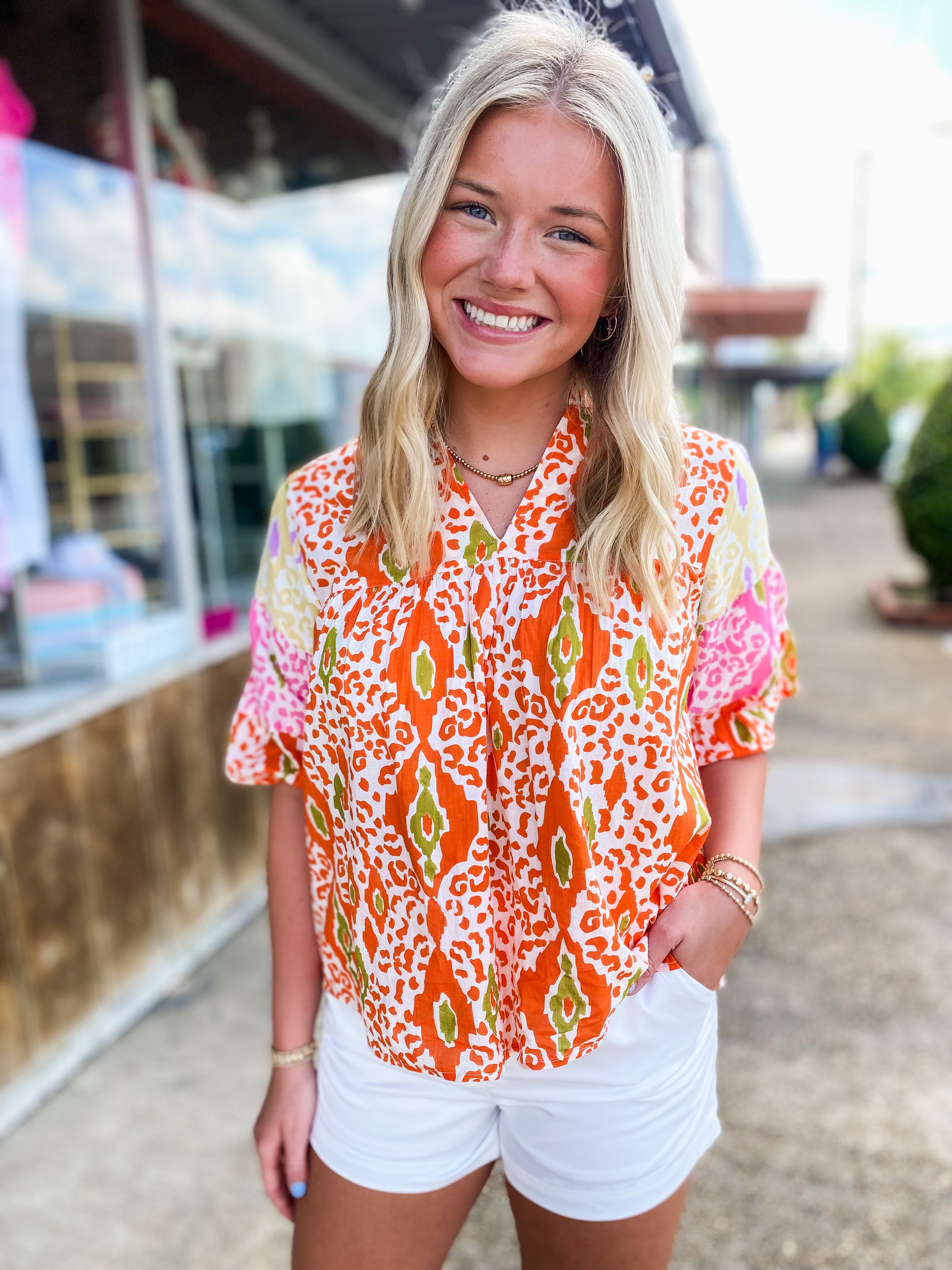 Seize The Day Orange Multi Print THML Blouse